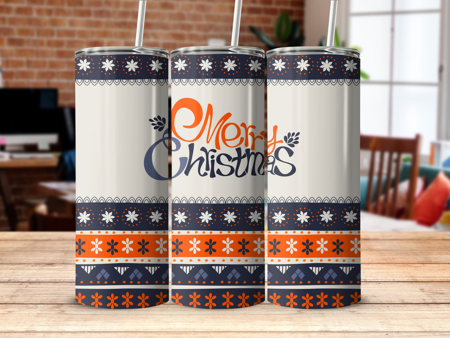 Three tumblers with Christmas pattern and "Merry Christmas" text.