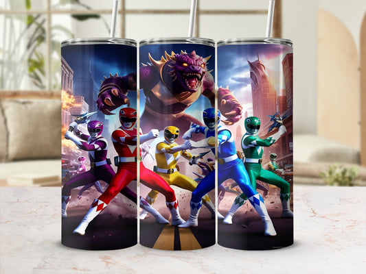 Three Power Rangers in formation with a monster in the background.