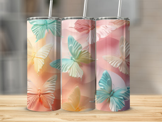 Three tumblers with a pastel butterfly design.