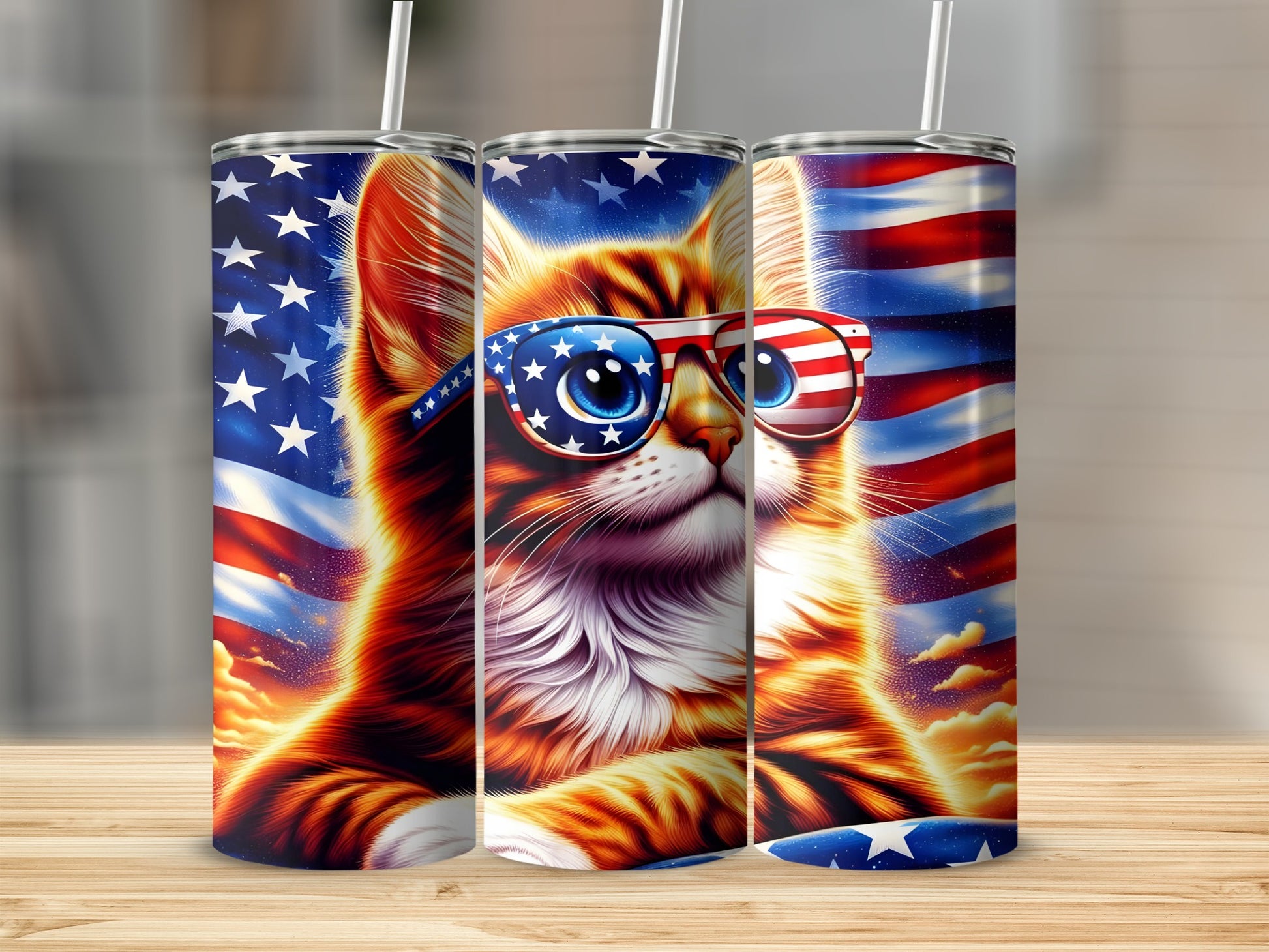 Cat wearing American flag sunglasses with patriotic background.
