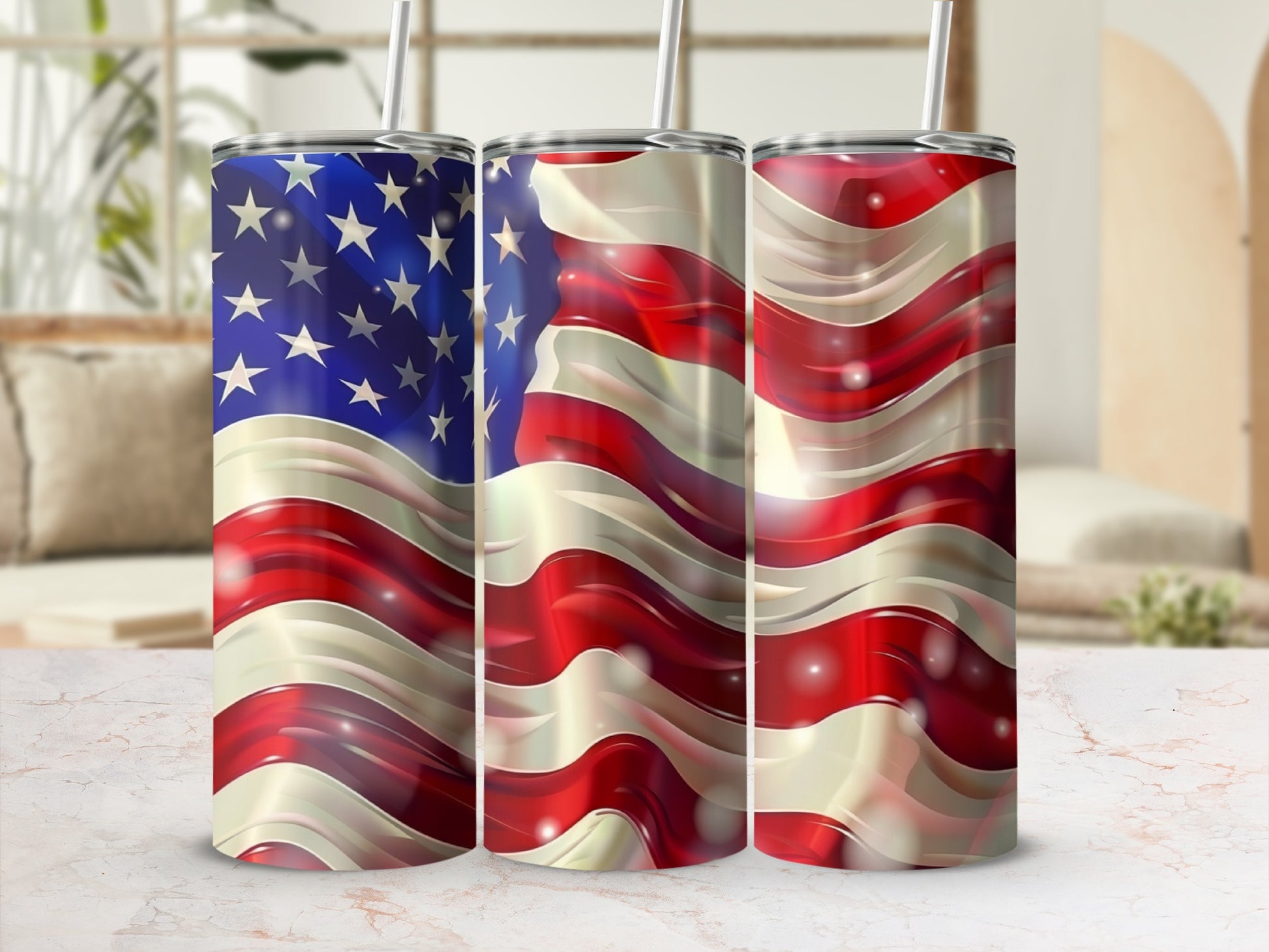 Three tumblers with a wavy American flag design.