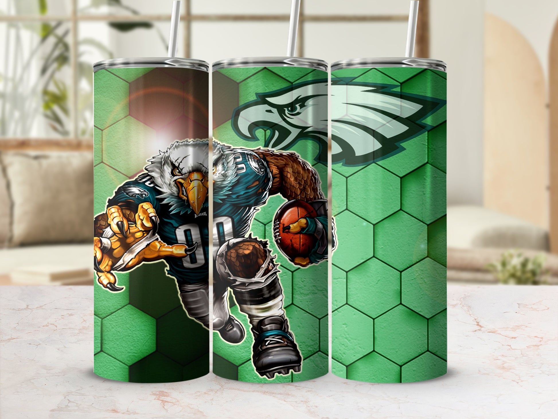 Green Football Eagle Themed Tumbler With Hexagon Design
