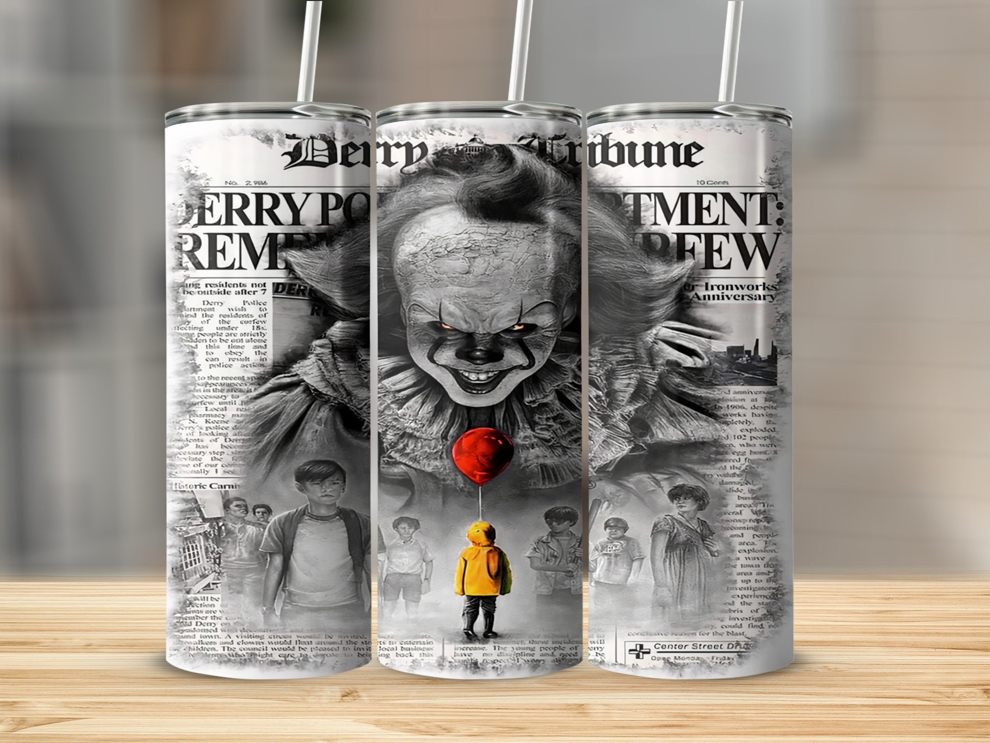 Derry Tribune newspaper design with Pennywise the clown and group of children.