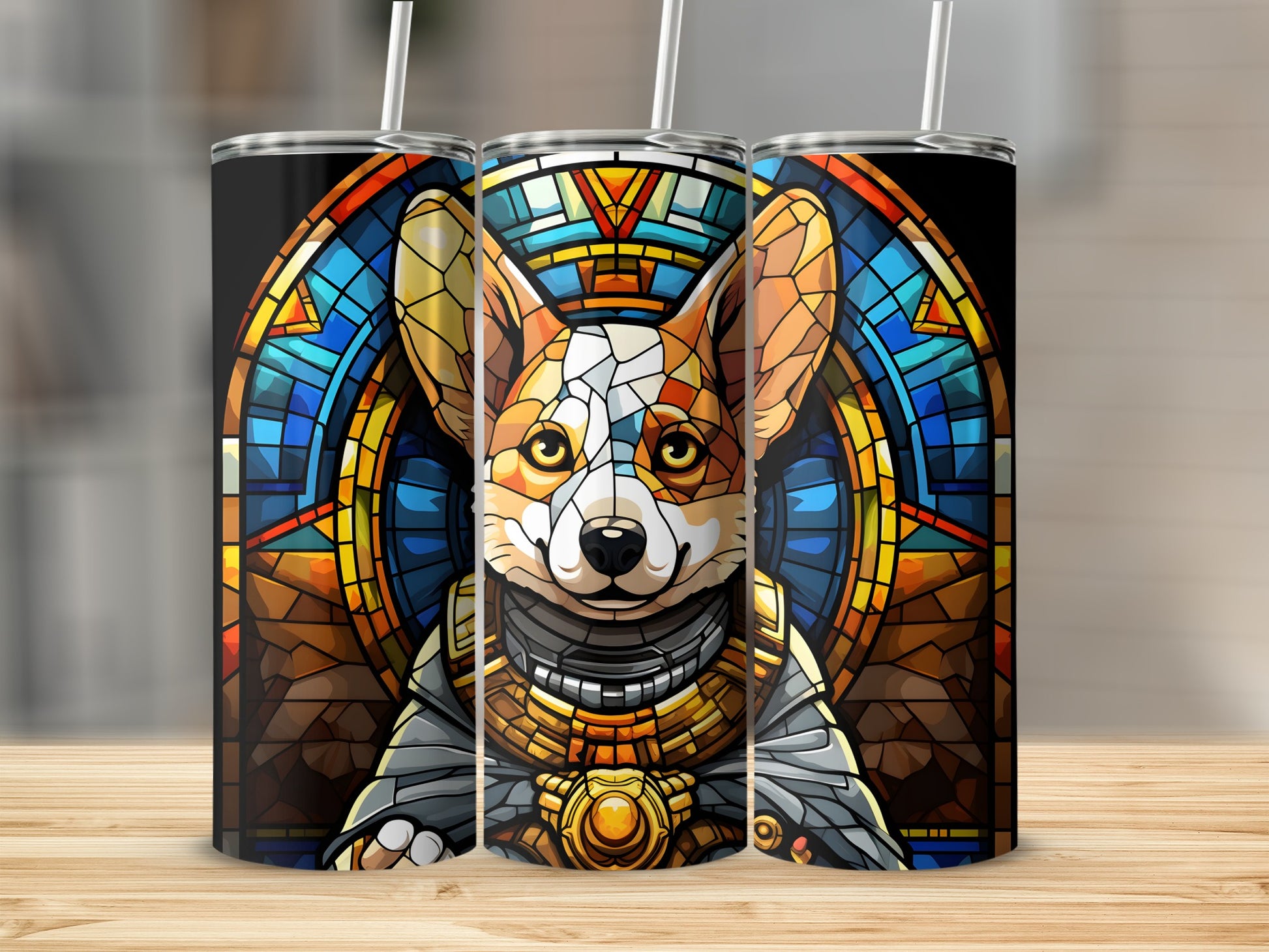 Corgi in stained glass style on a tumbler with a straw