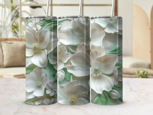 Three tumblers with a white floral design featuring magnolias.