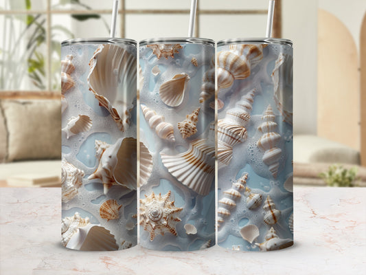 Three tumblers with realistic seashell and ocean foam pattern.