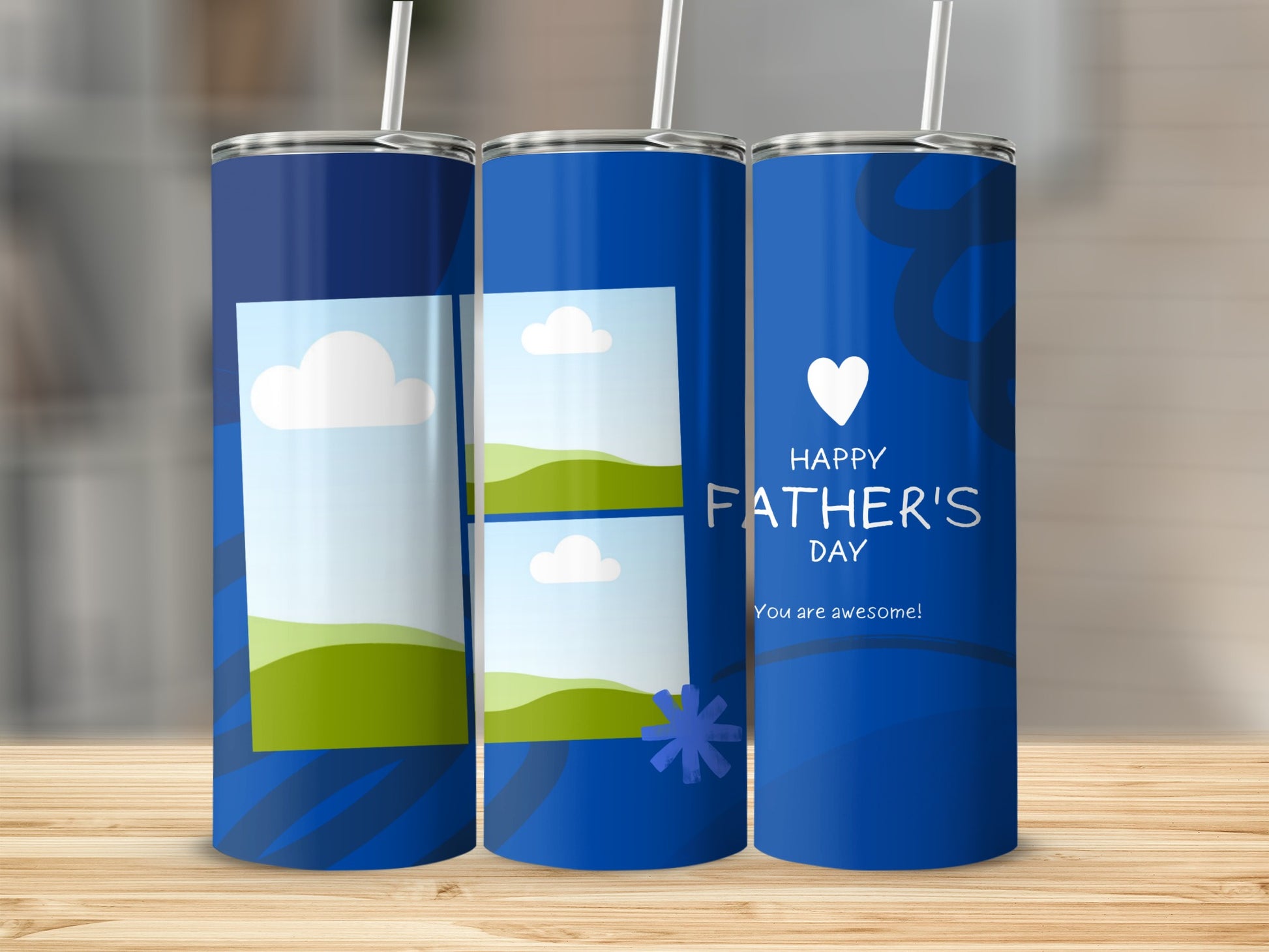 Blue tumblers with Father's Day design and photo placeholders.