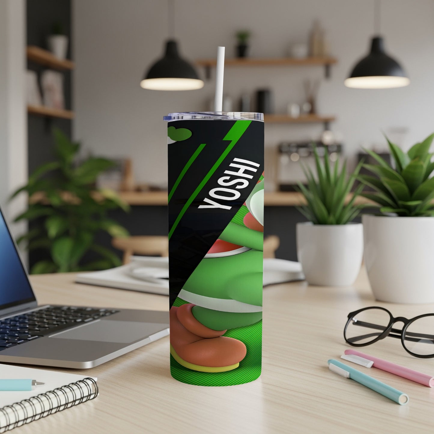Green Yoshi tumbler with black and green accents and "YOSHI" text.