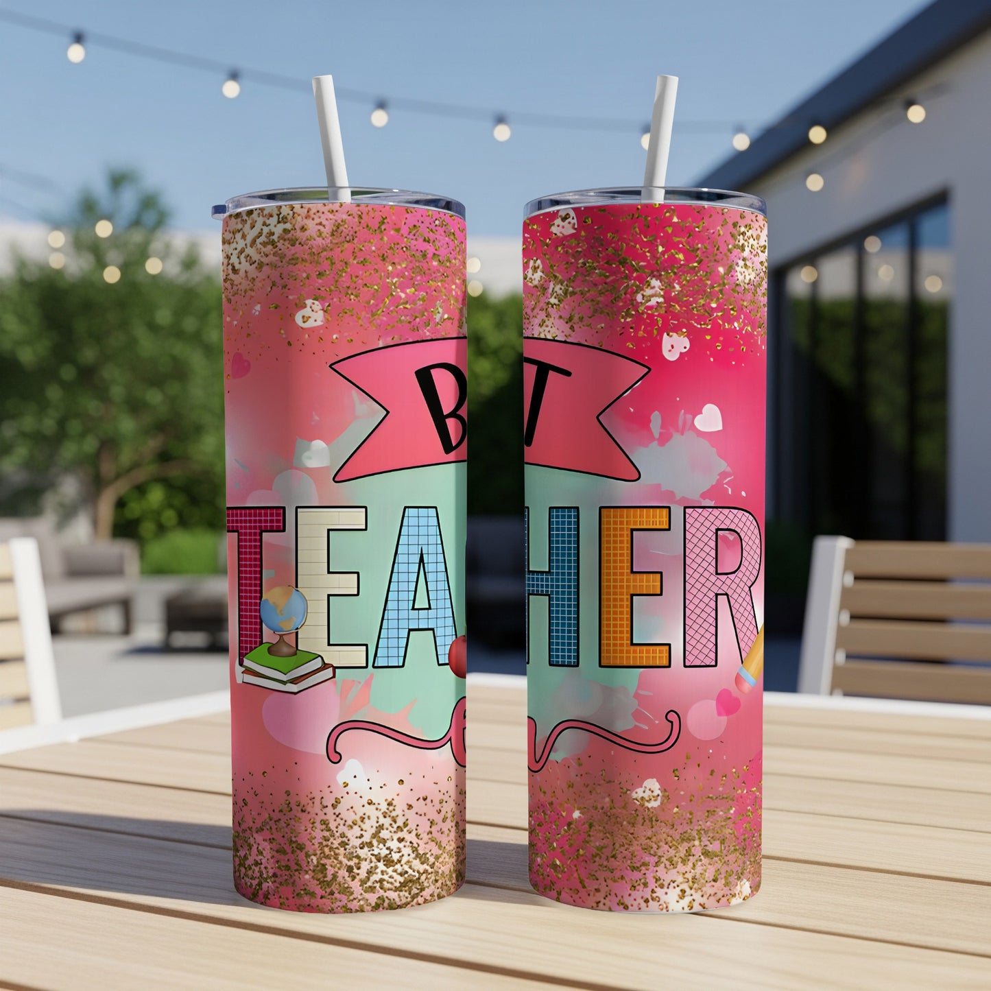 Two tumblers with "Best Teacher" text and colorful glitter design.