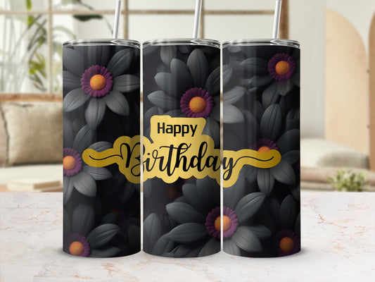 Black floral tumbler with "Happy Birthday" text and gold ribbon.