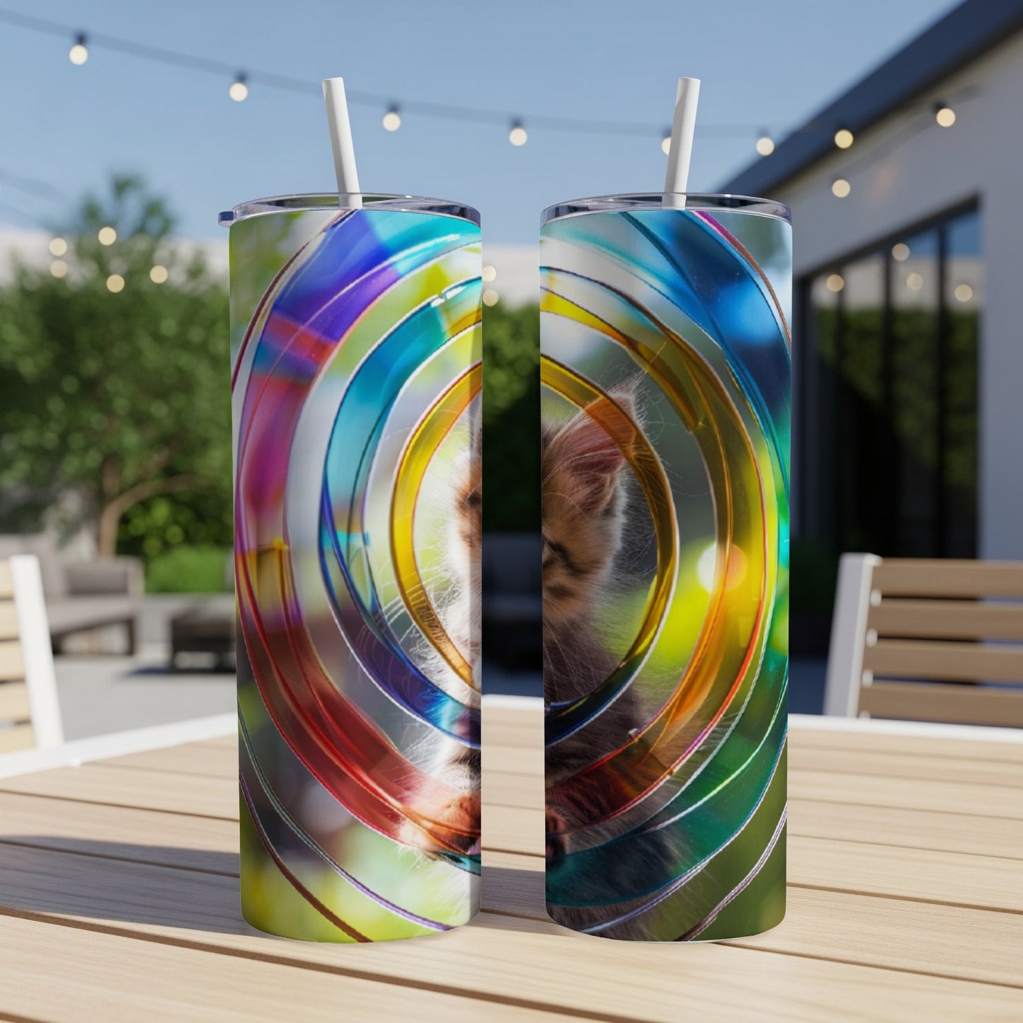 Two tumblers with a kitten's face visible through a colorful spiral design.