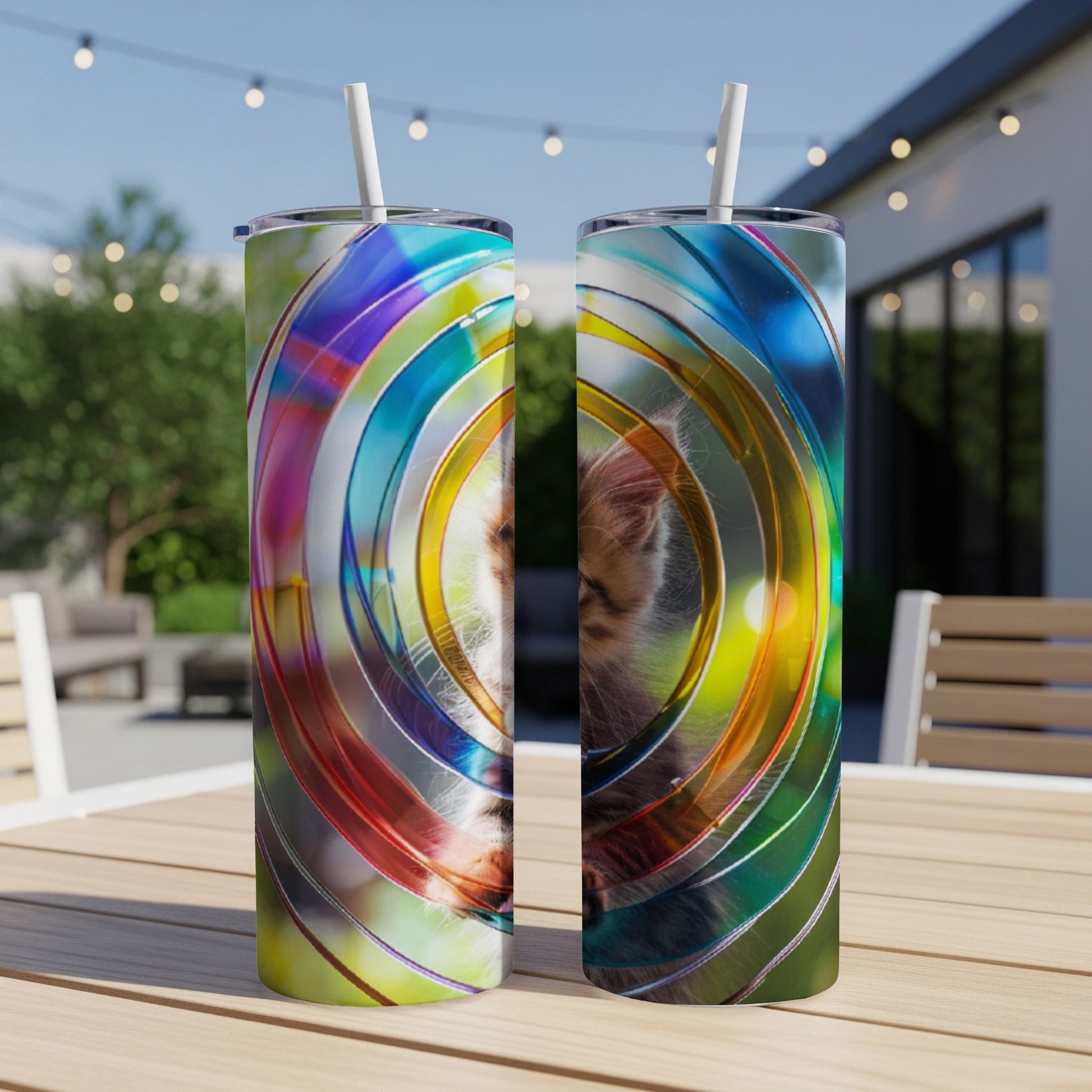 Two tumblers with a kitten's face visible through a colorful spiral design.