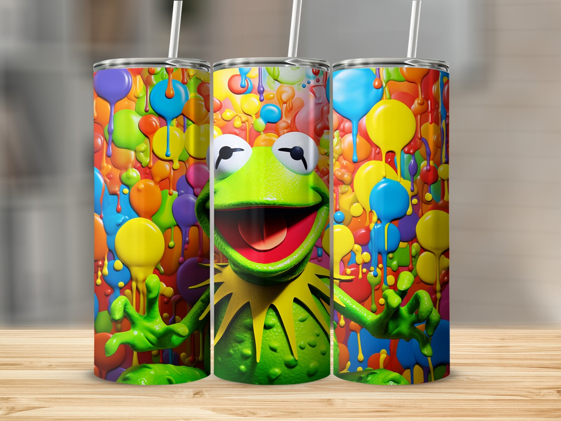 Vibrant Kermit the Frog Colorful Splash Tumbler