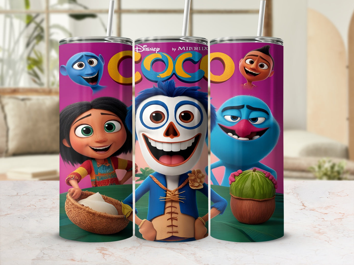 Three Disney Coco characters, Miguel, Hector, and Dante, on a tumbler.