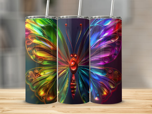 Three colorful tumblers featuring a vibrant stained-glass butterfly design.