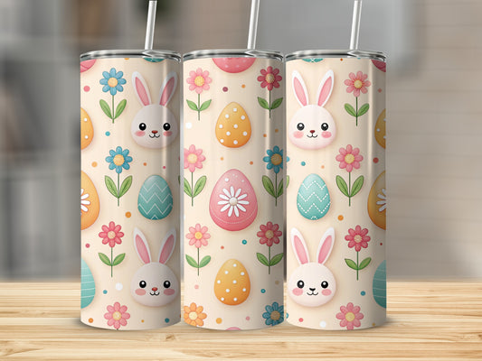Easter-themed tumbler with bunnies, eggs, and flowers.
