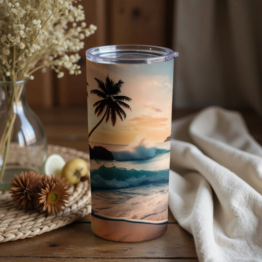 Scenic Sunset Beach with Palm Tree Tumbler Cup