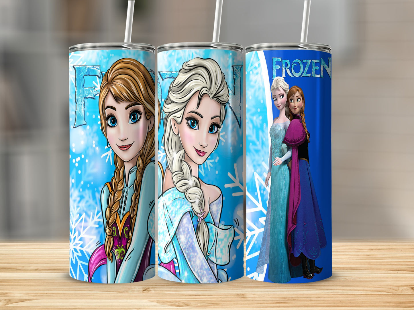 Frozen character tumblers with Anna and Elsa illustrations.