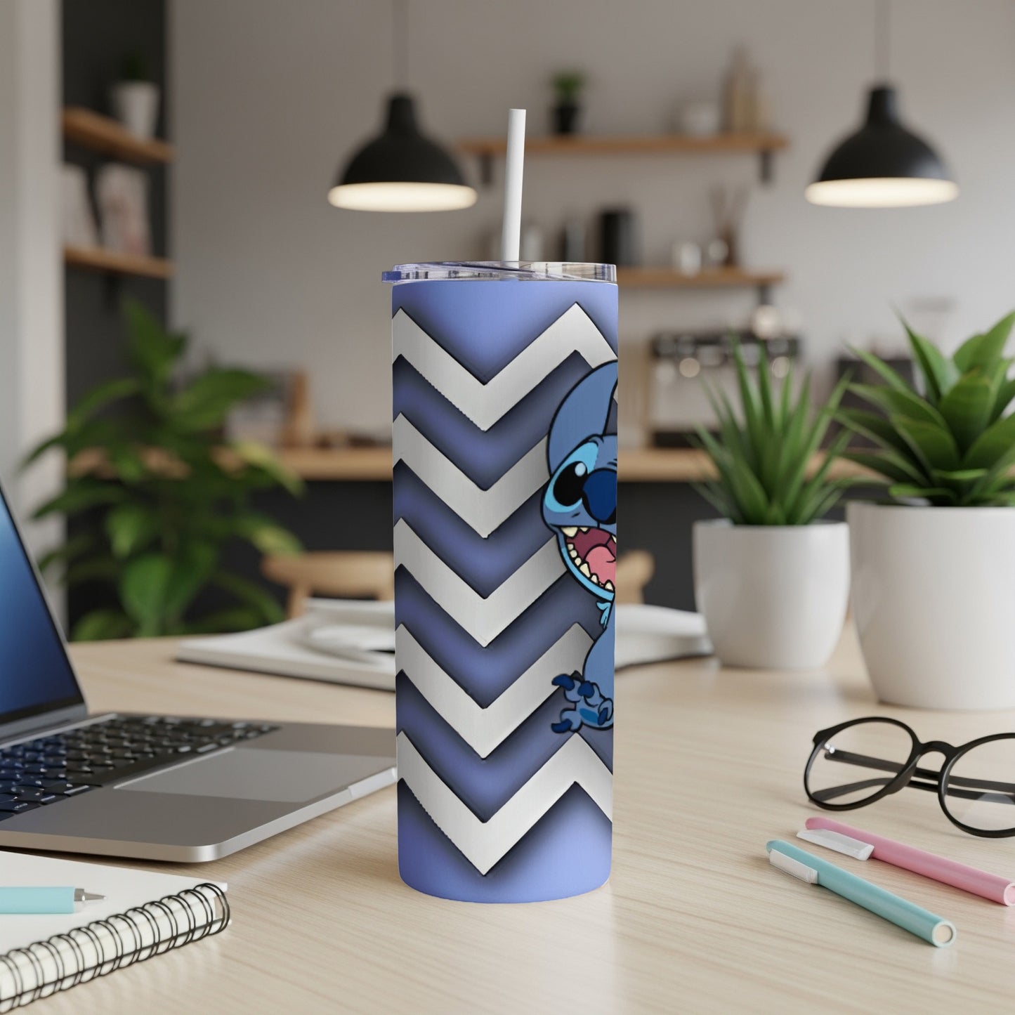 Blue chevron patterned tumbler with Stitch character.