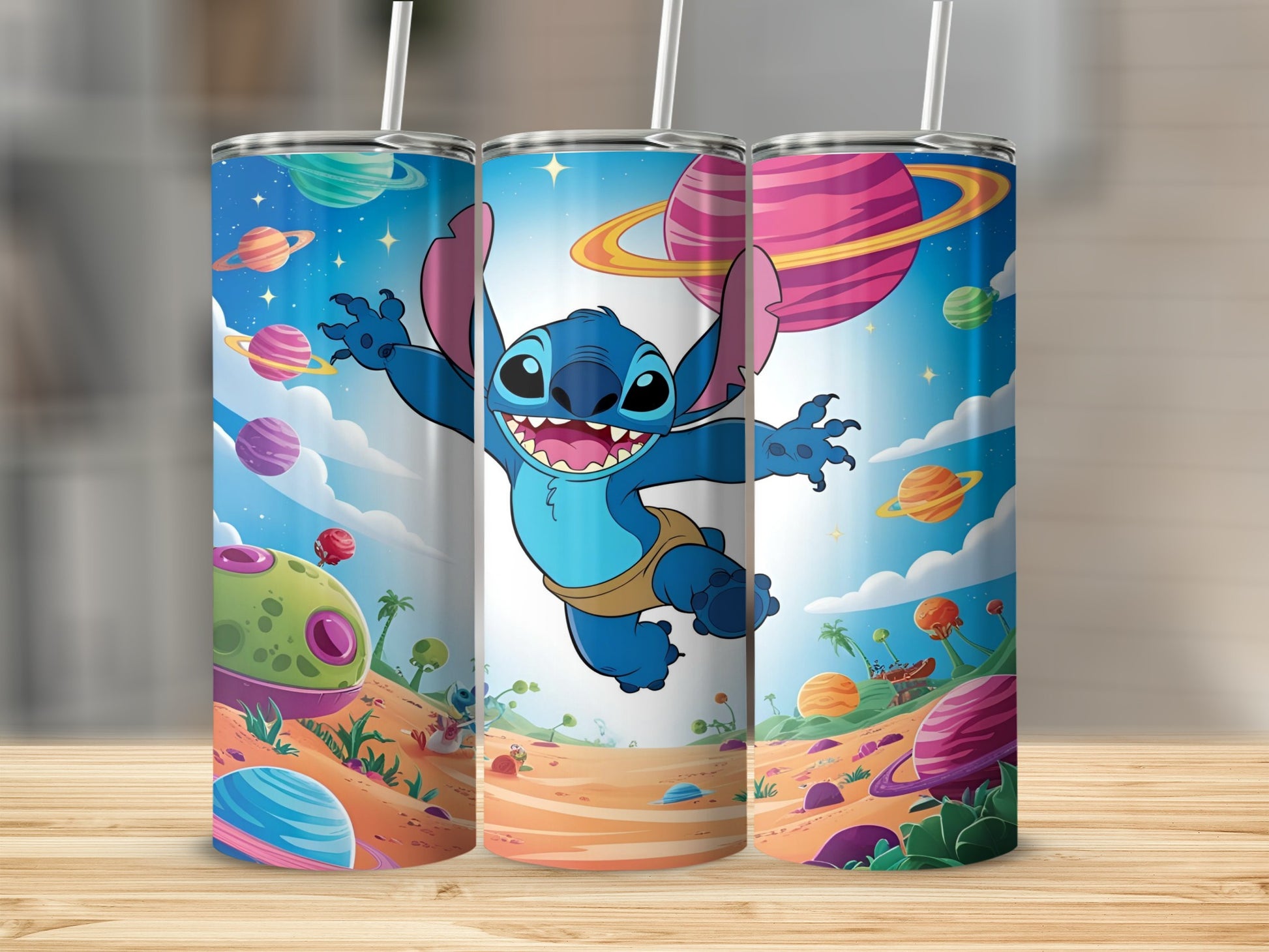 Stitch leaping joyfully in a colorful alien landscape with planets.