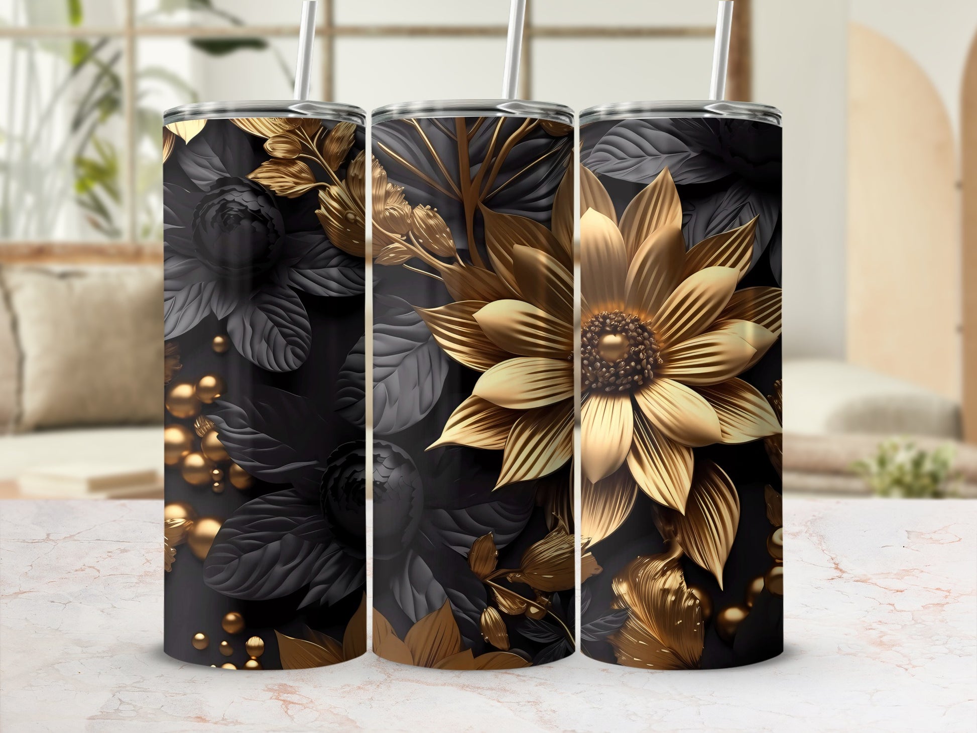 Elegant Black and Gold Floral Insulated Tumbler