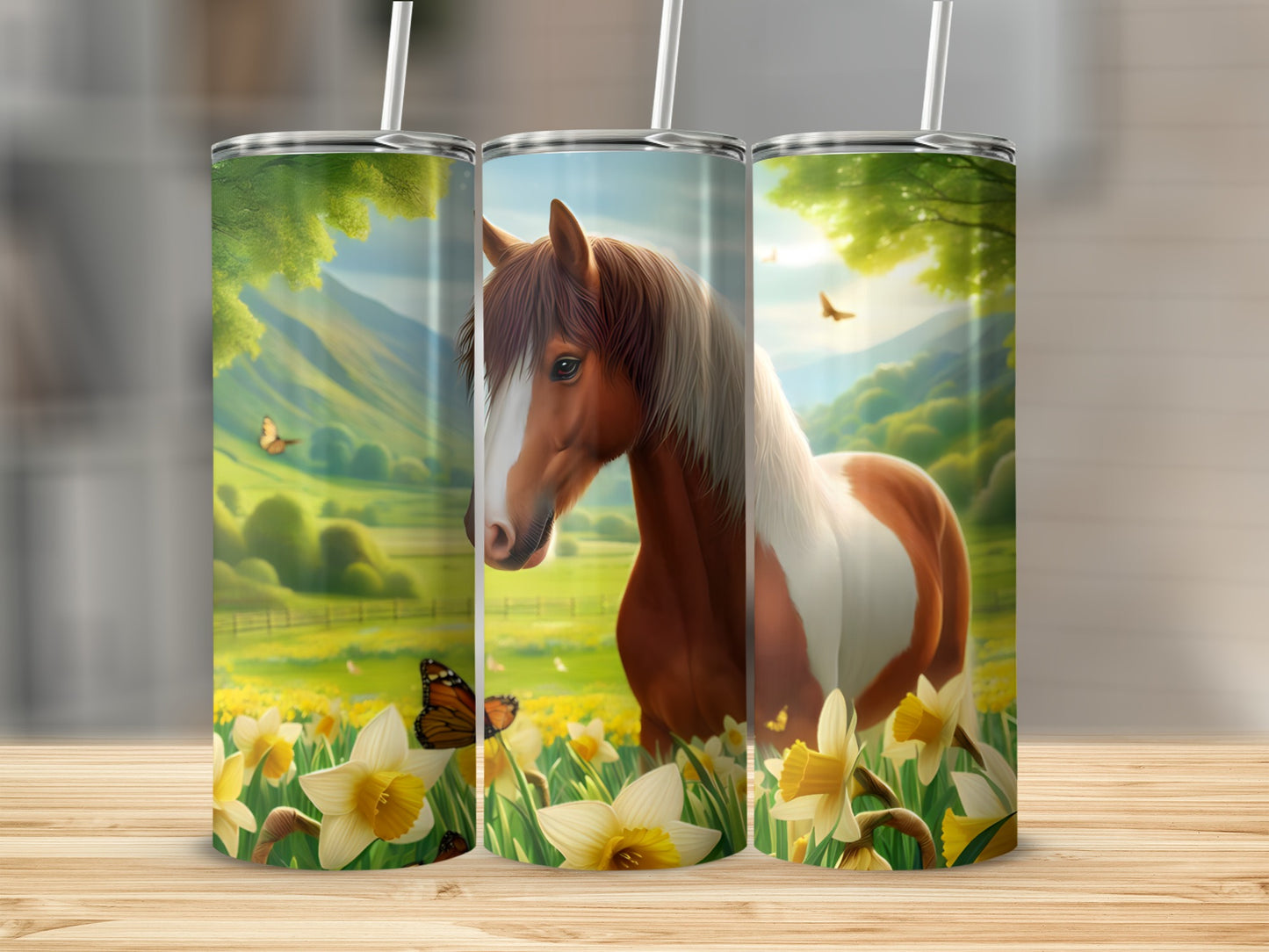 Horse with brown and white markings in a field of daffodils.