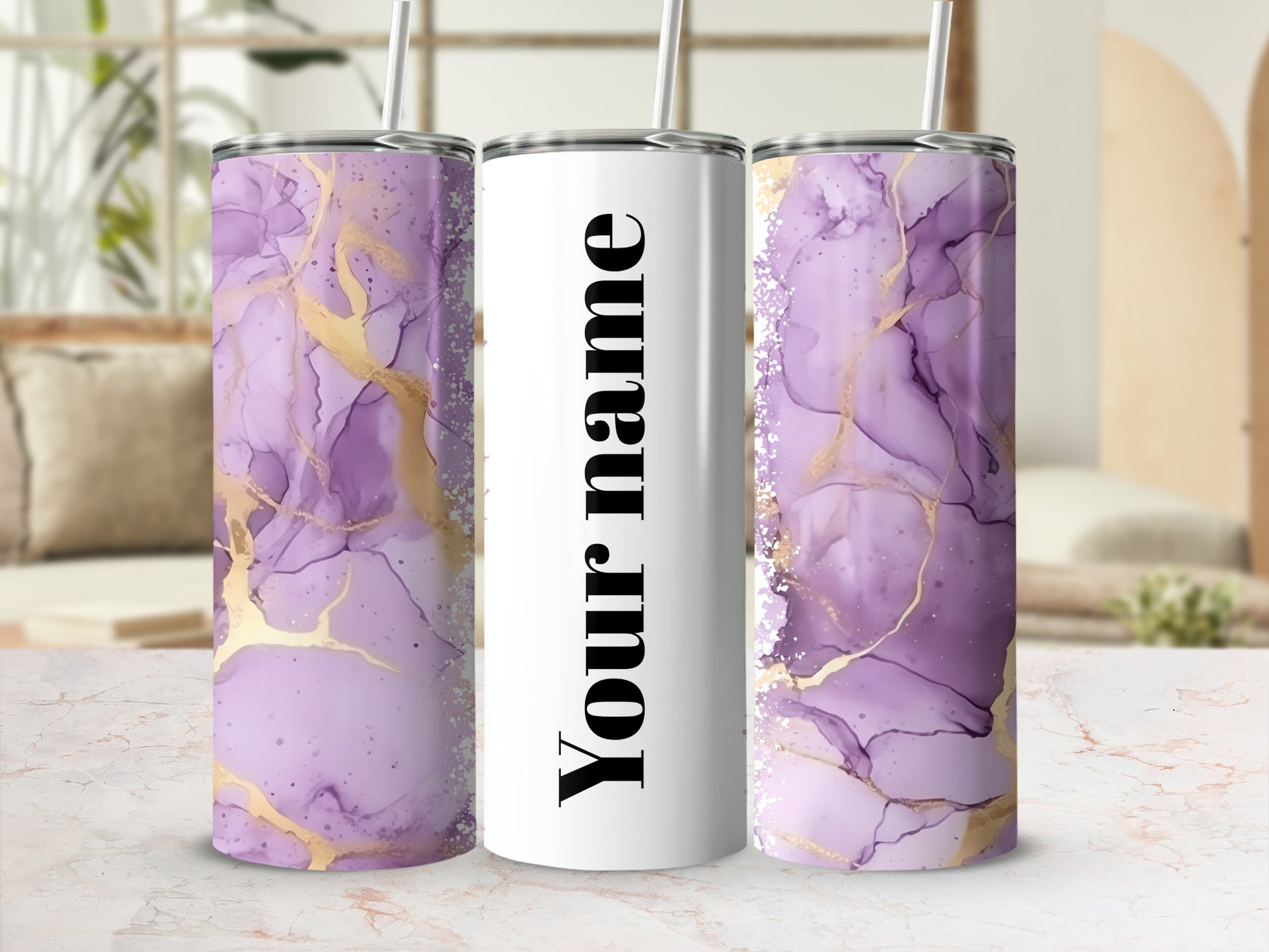 Customizable Purple Gold Marble Tumbler with Straw
