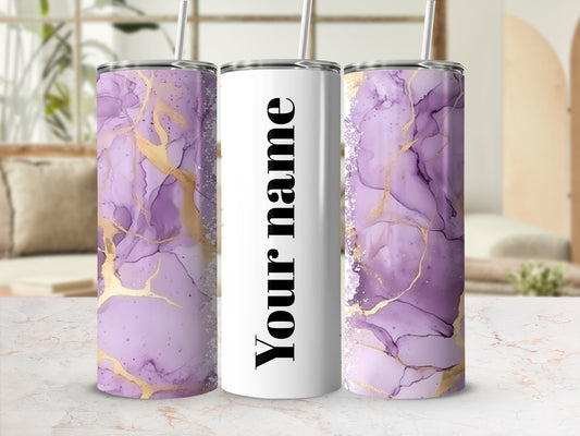 Customizable Purple Gold Marble Tumbler with Straw