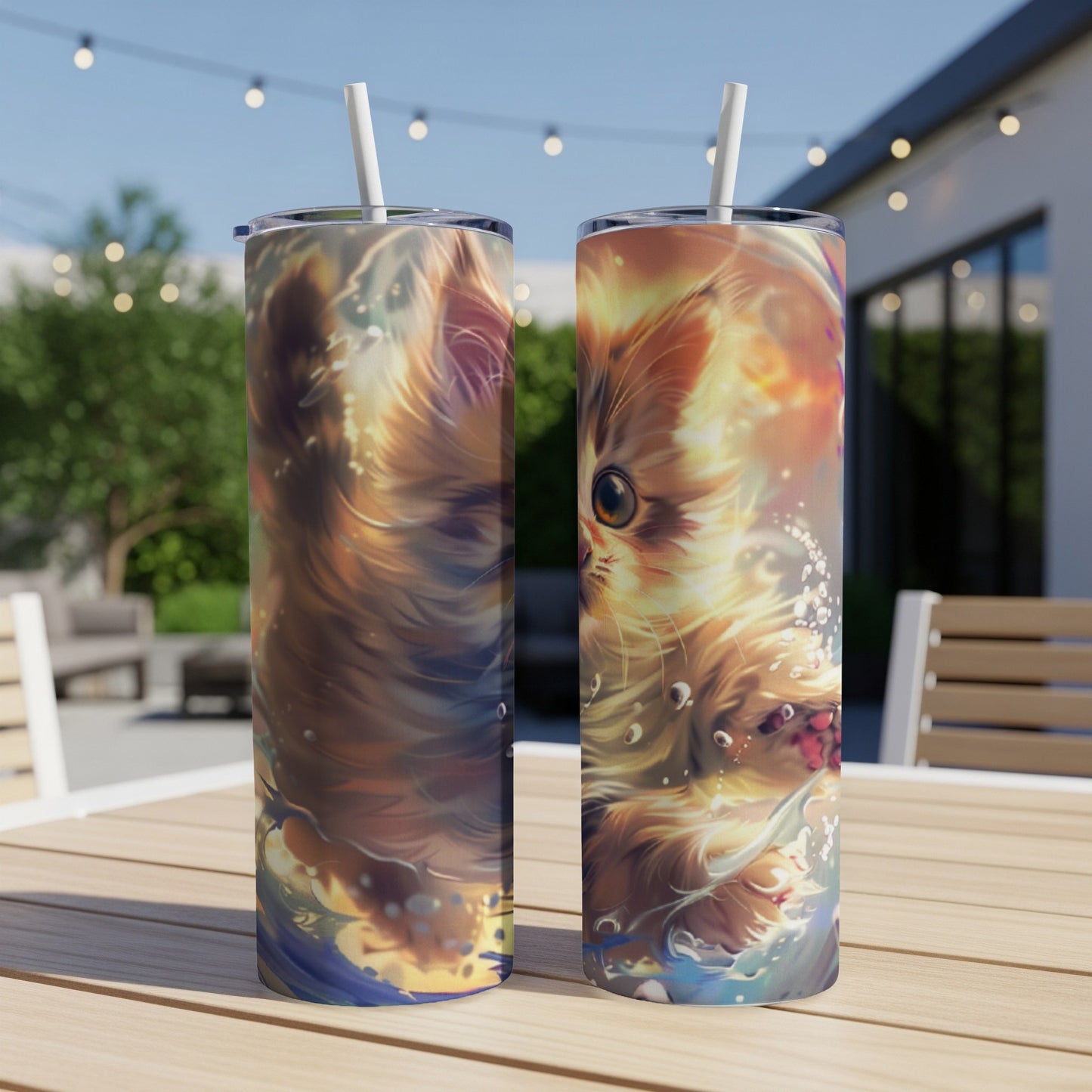 Two tall tumblers with a playful, illustrated cat graphic, set outdoors.