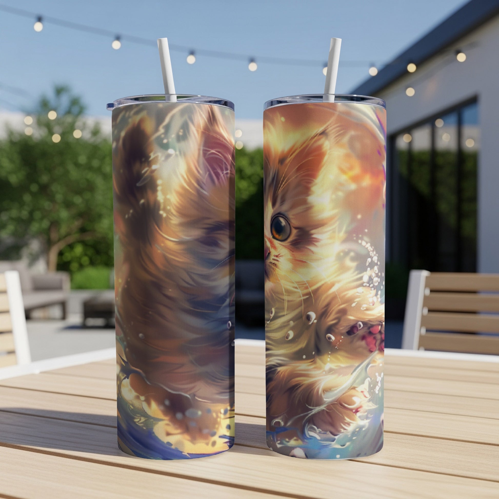 Two tall tumblers with a playful, illustrated cat graphic, set outdoors.