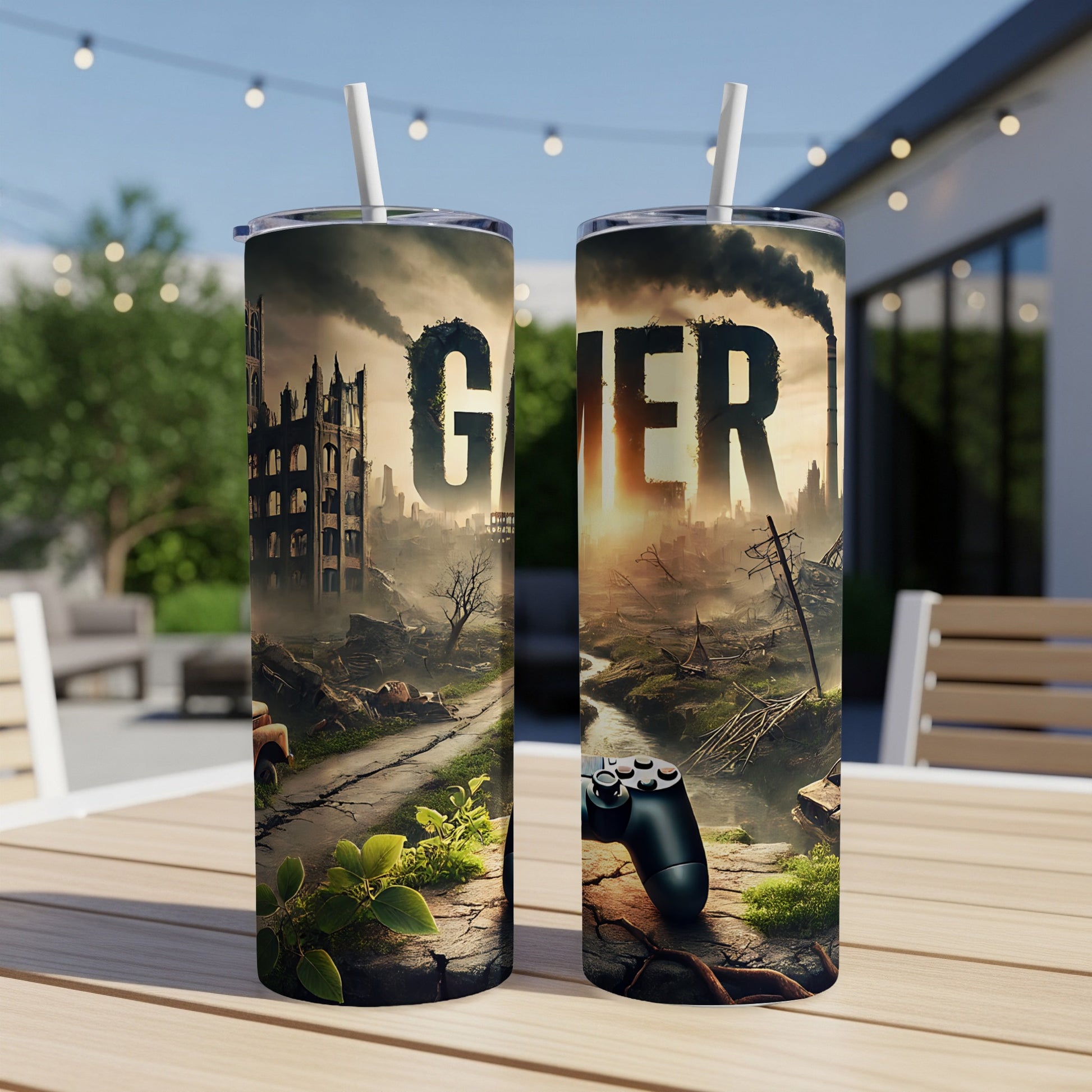 Gamer tumbler featuring post-apocalyptic cityscape and video game controller.