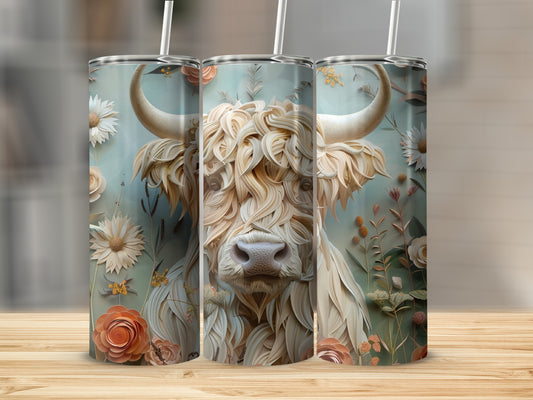 Highland cow with fluffy mane and floral accents on three tumblers.