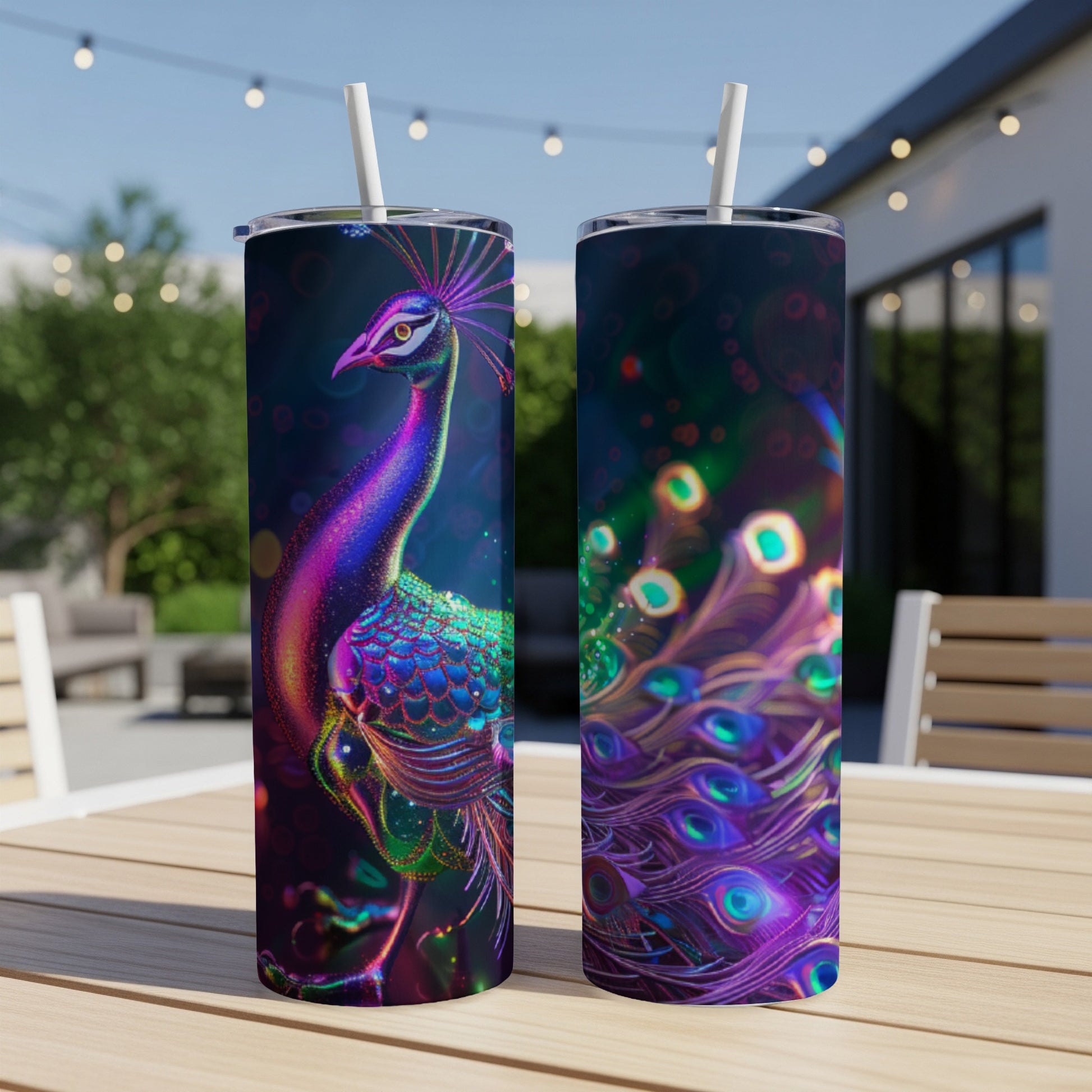 Colorful peacock design on a double-sided tumbler.