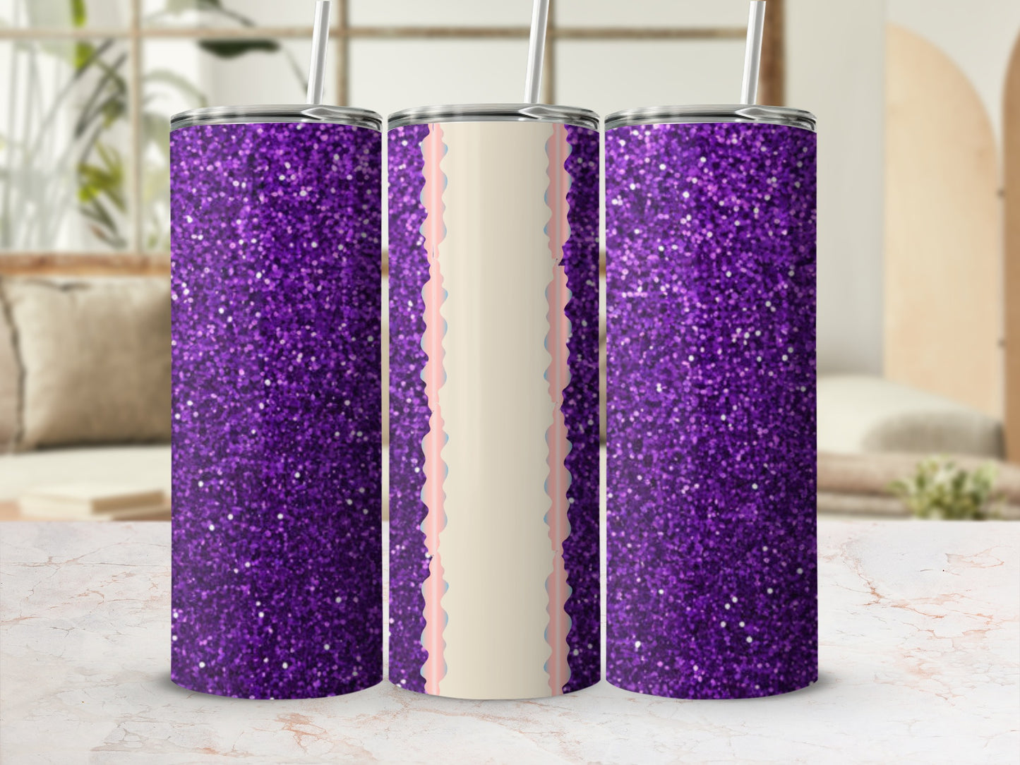 Purple glitter tumbler with cream and pink scalloped trim.