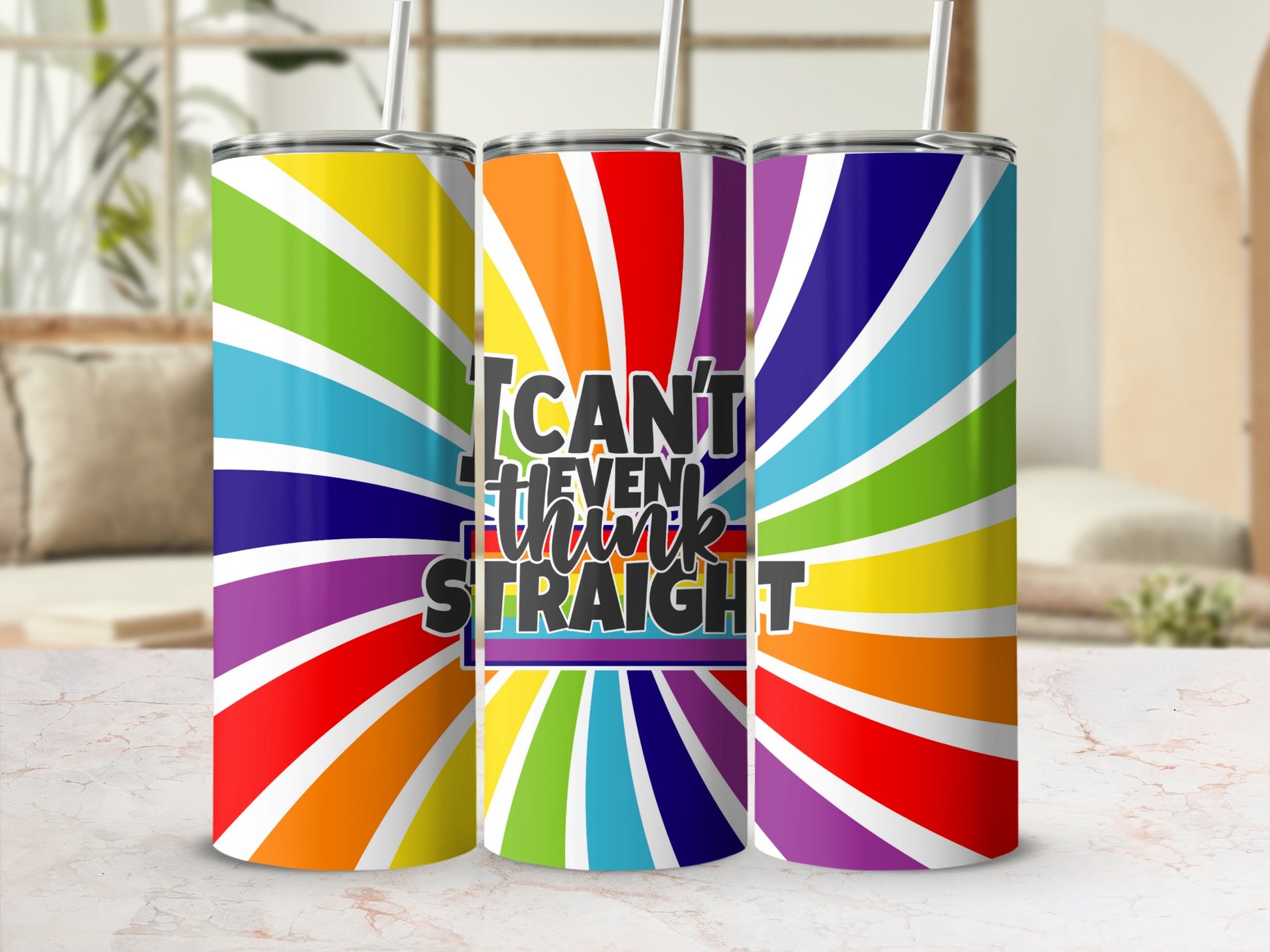 Rainbow gradient tumbler with "I can't even straight" text.