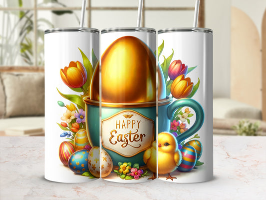 Easter tumbler with egg, chick, and floral designs.