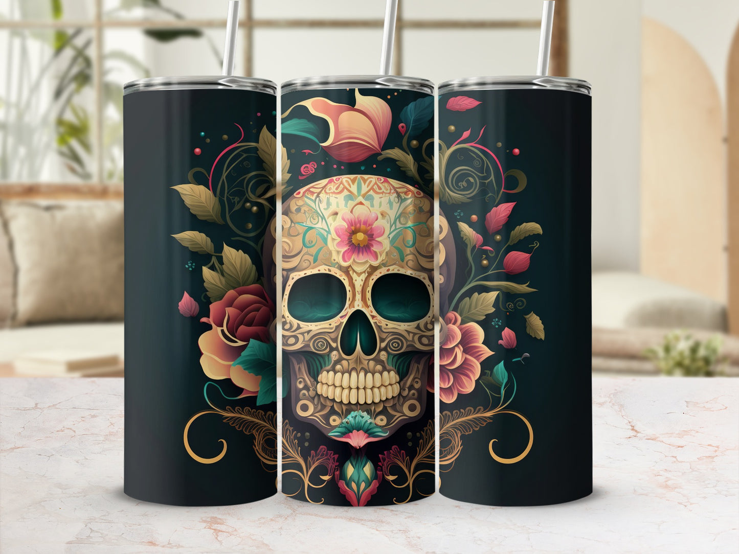 Floral Skull Design Insulated Tumbler Product