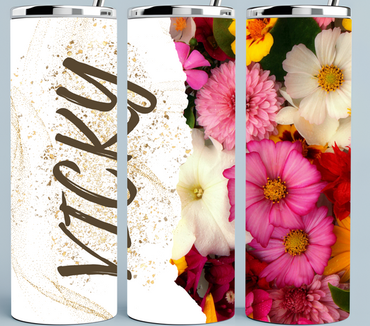 Gold Glitter, white and pink flowers just add a name to the Tumbler