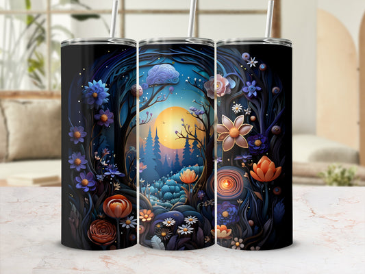Three tumblers featuring a whimsical, starry forest scene with glowing flowers and a sunset.