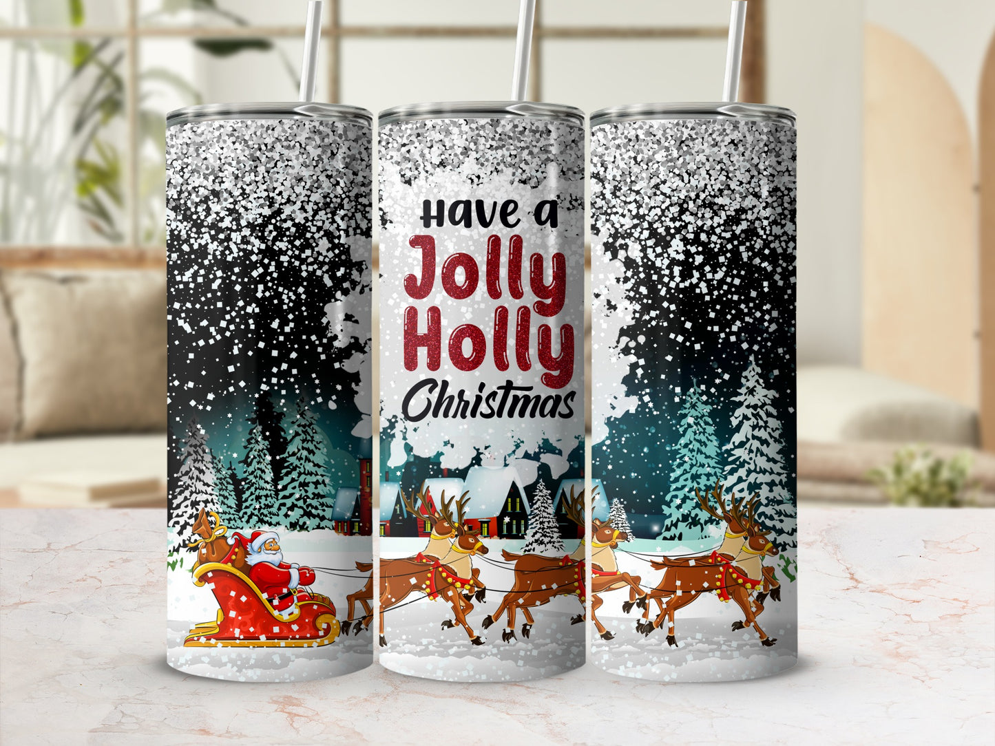 Three Santa sleighs with reindeer, snow, and text "Have a Jolly Holly Christmas".