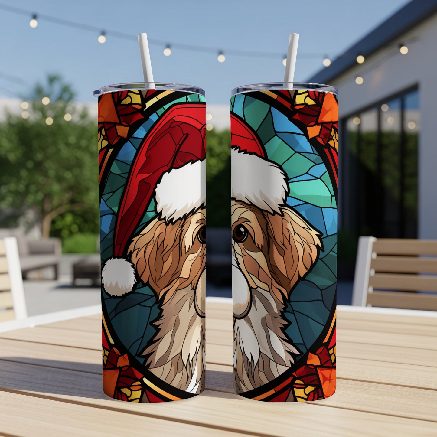 Golden retriever wearing Santa hat in stained glass style.