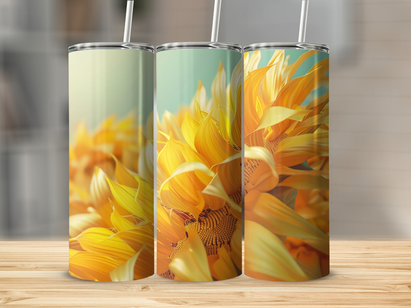 Three tumblers with close-up sunflower petal designs.