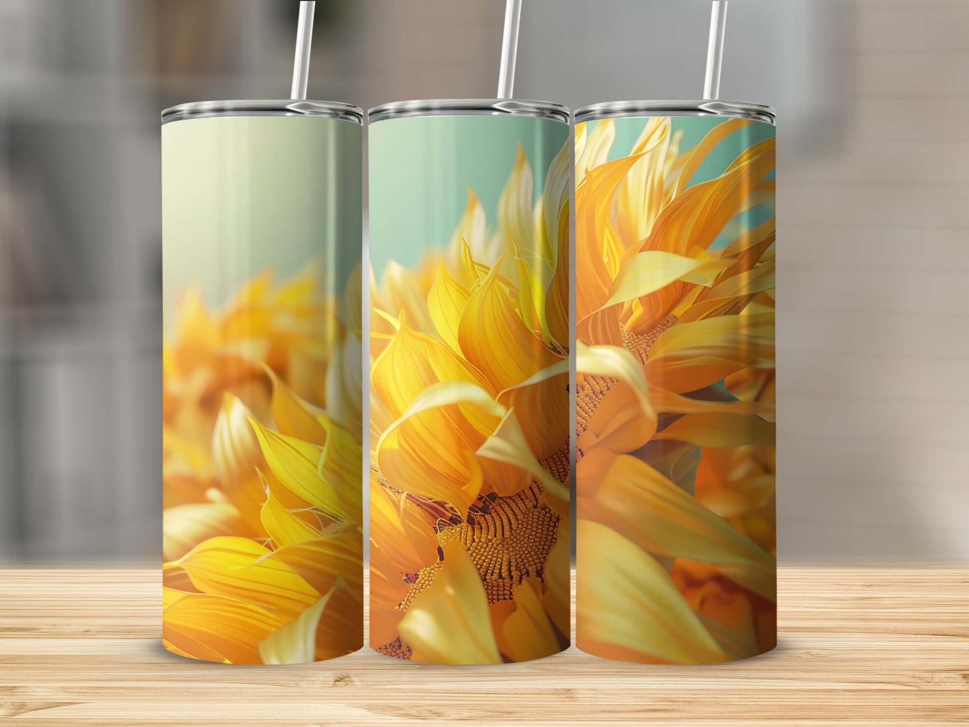 Three tumblers with close-up sunflower petal designs.