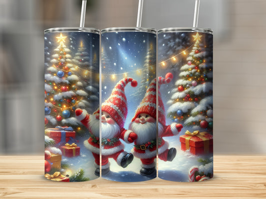 Christmas gnomes with presents and decorated trees.