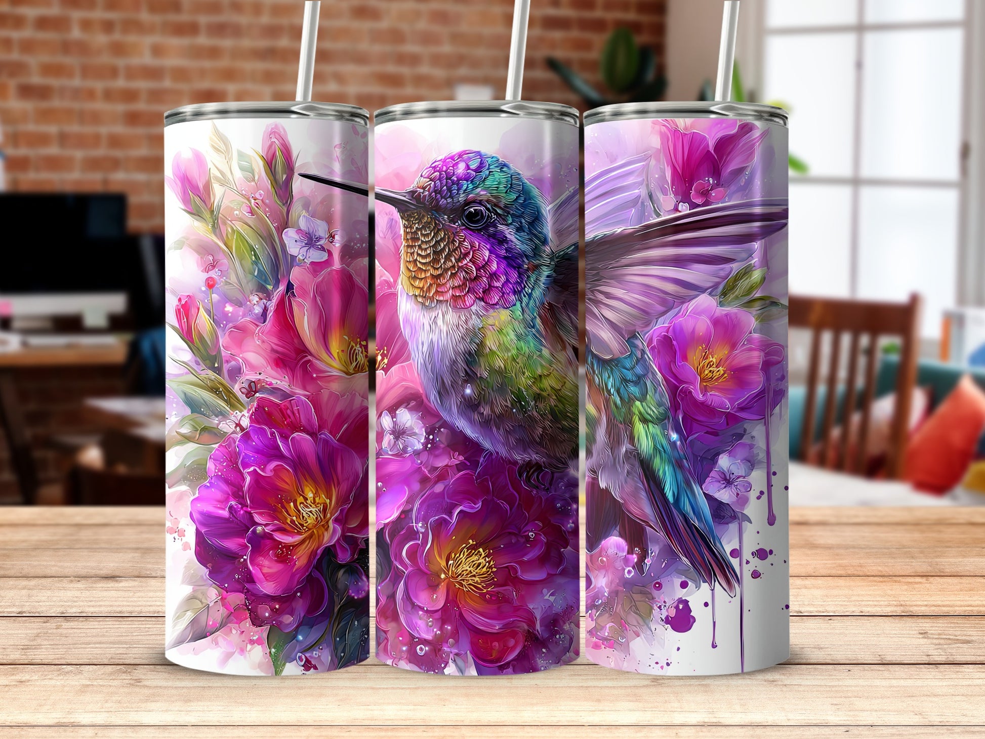Colorful Hummingbird and Floral Design Tumbler