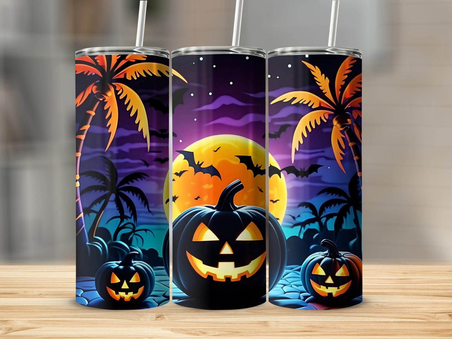 Three tumblers with Halloween theme: jack-o'-lanterns, palm trees, bats, and a full moon.