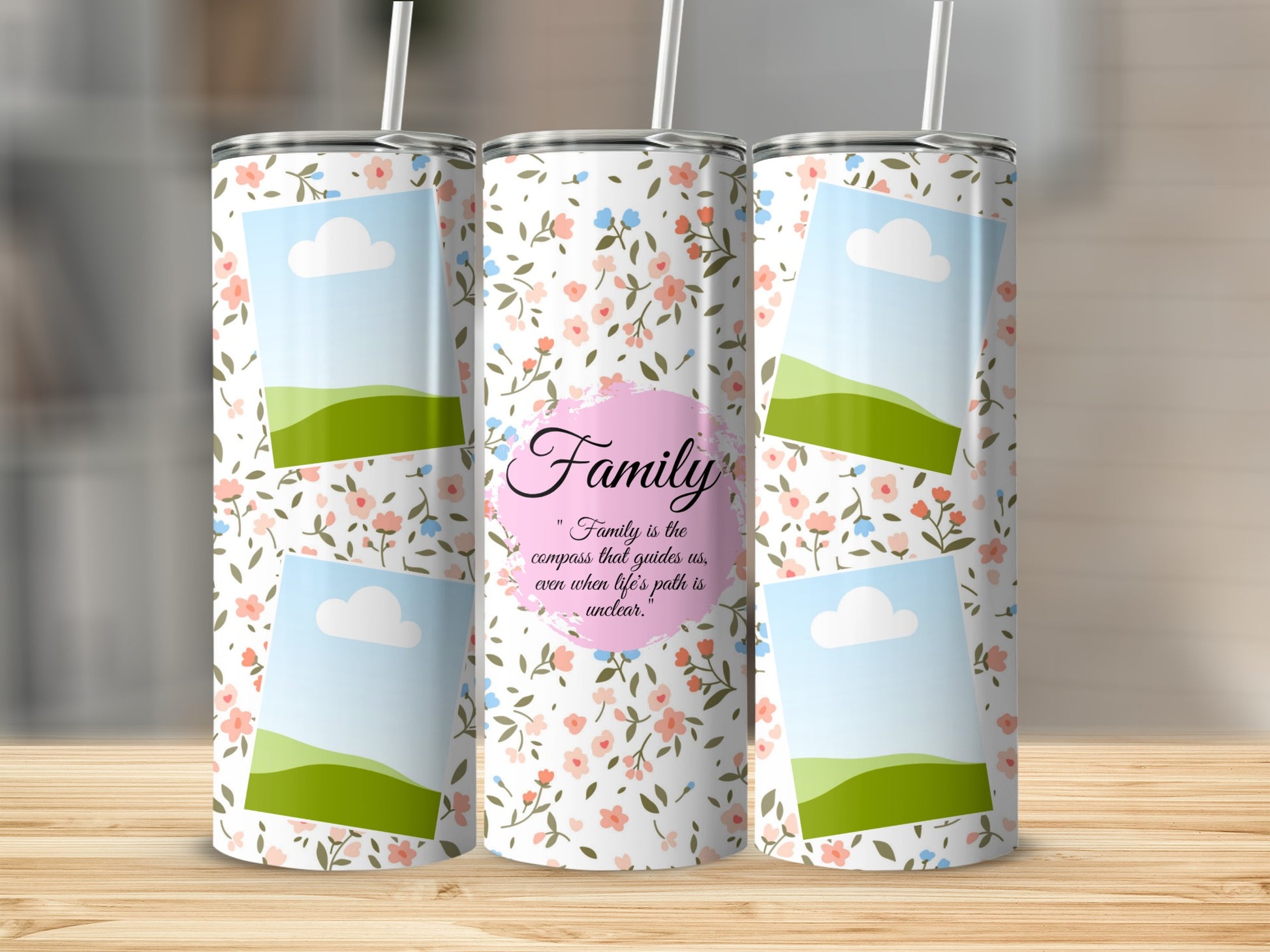 Three tumblers with floral print and framed scenic images, featuring the word "Family".