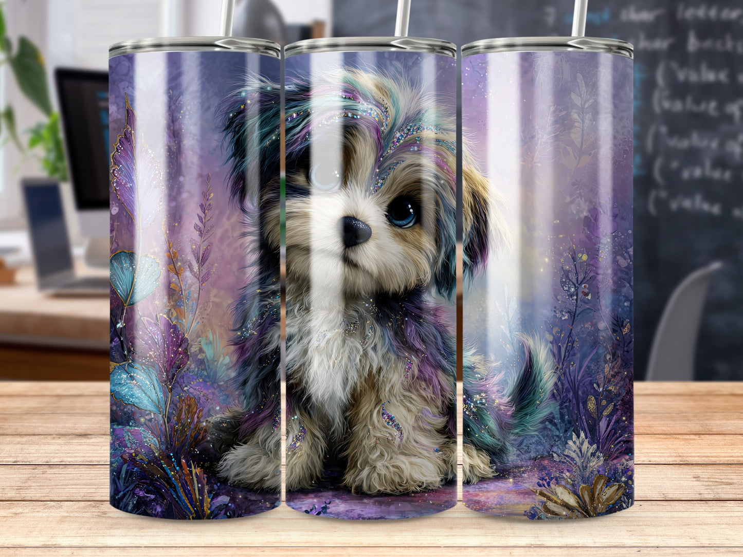 Cute Furry Dog with Butterflies Art Tumbler
