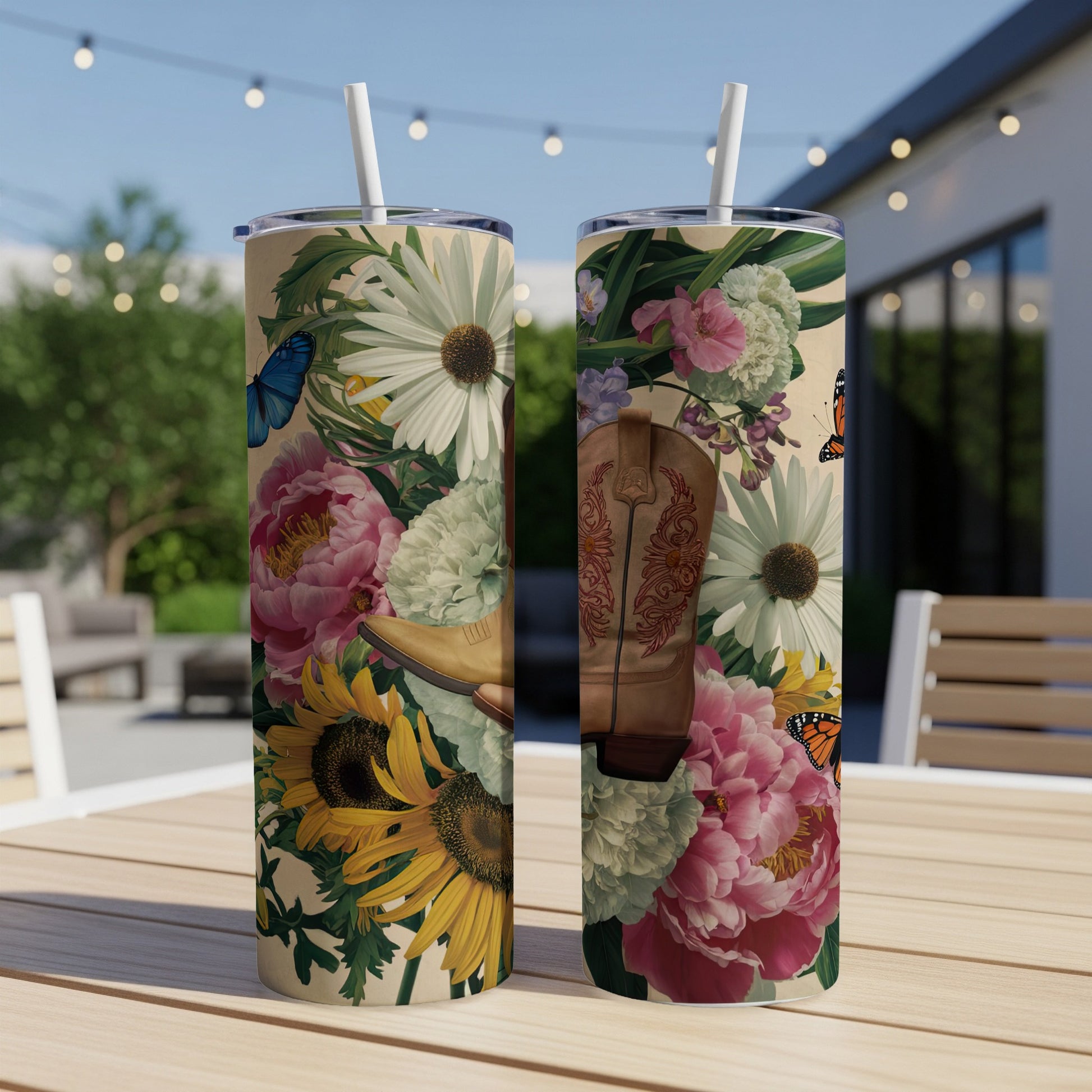 Two tumblers with a western boot and floral design.