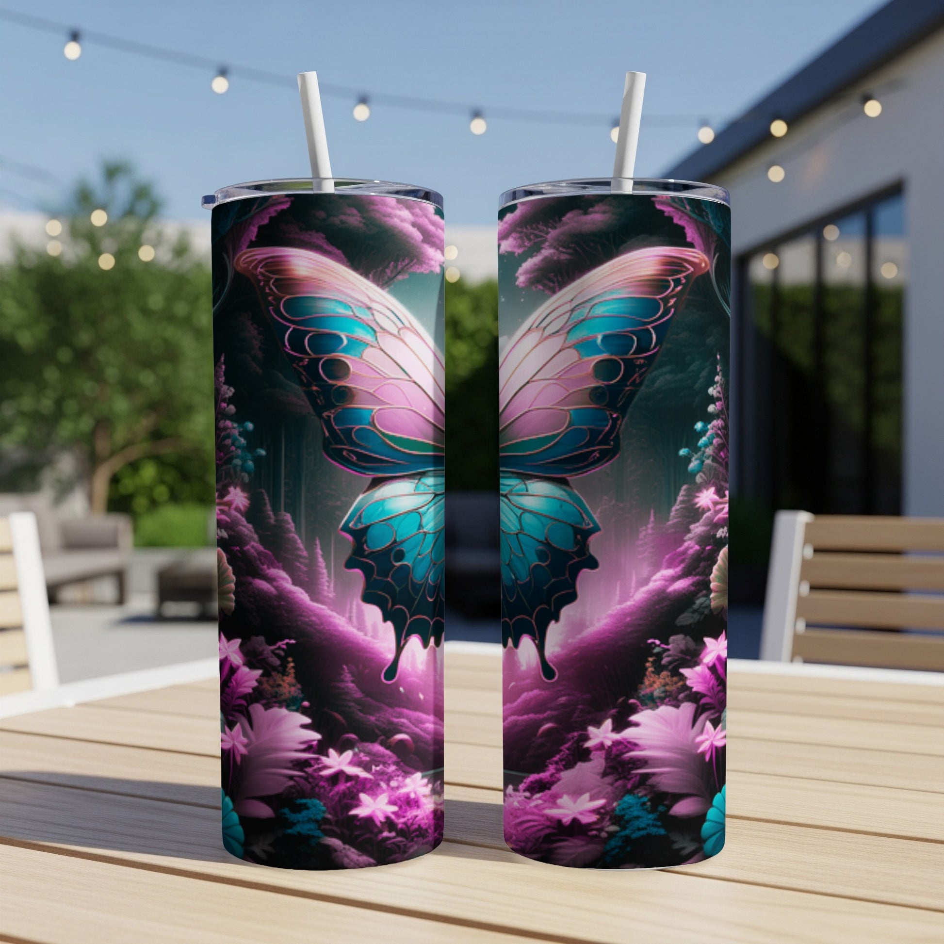 Two tumblers with a colorful butterfly and floral design on a table.